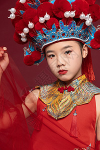 中国风国潮儿童红纱特写背景图片