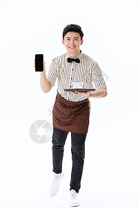 举手机素材举手机送咖啡的服务员背景