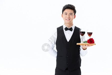 红酒服务递送红酒和玫瑰花的服务员形象背景