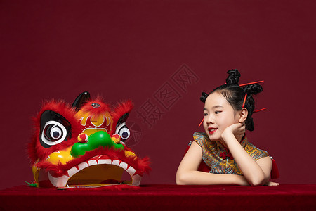 中国舞狮中国风潮流儿童看着舞狮背景
