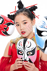 京剧中国风潮流儿童拿着京剧面具背景图片