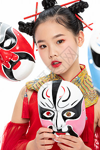 国风京剧中国风潮流儿童拿着京剧面具背景