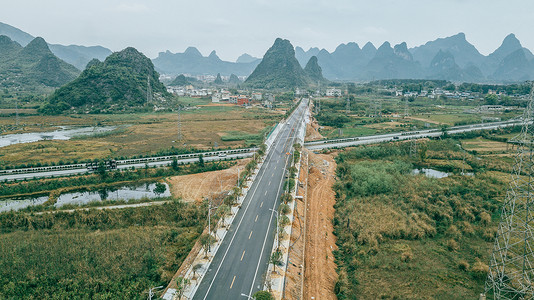 稻田素材免费航拍高速公路山脉山桂林风光公路背景