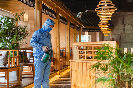 餐厅宣传易拉宝餐饮复工前的消毒打扫背景