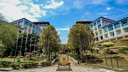 1970年风格马来风格沙巴亚庇清真大学2020年双子楼对称建筑背景