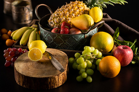 金桔柠檬百香果新鲜水果静物摄影背景