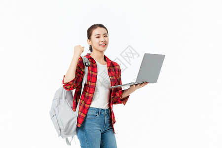 招宣传单青年女性大学生笔记本电脑找工作背景