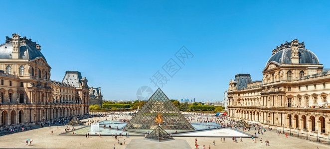 俯瞰法国巴黎法国巴黎卢浮宫全景金字塔入口背景