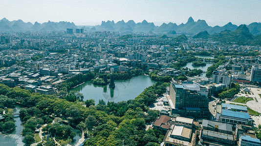 塔子山九天楼航拍桂林两江四湖日月双塔风景城市背景