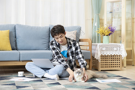 家庭工作宠物坐在地毯上办公的男孩和猫背景