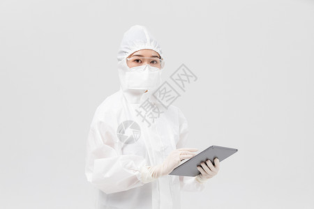 穿防护服的医护人员形象穿防护服的医护人员使用平板电脑背景