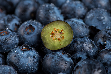 采摘猕猴桃切半蓝莓放在蓝莓上背景