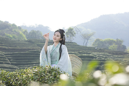 背钱袋抬脚人汉服古装美女背茶篓采茶背景