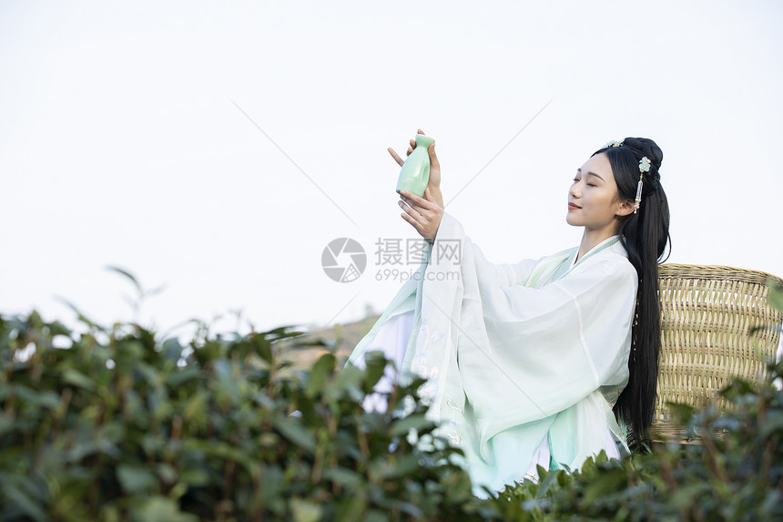 汉服古装美女坐在茶园中饮茶图片