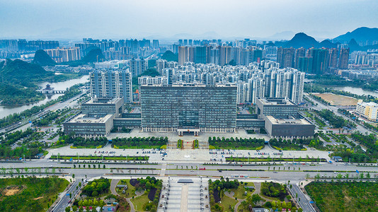 航拍桂林市政府办公大楼公路建筑群背景