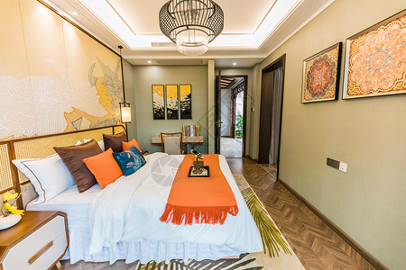 中式风格的卧室样板房商品房背景图片
