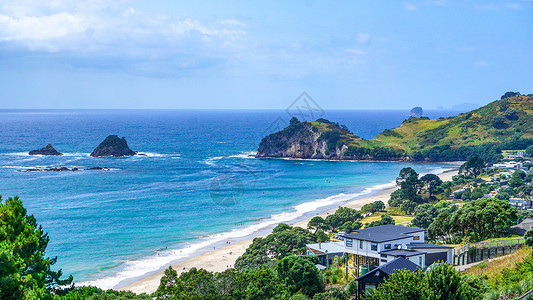 俯拍海岸线新西兰海滨小镇背景