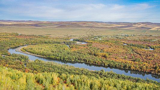 生态岛初秋呼伦贝尔额尔古纳湿地的五彩景象背景
