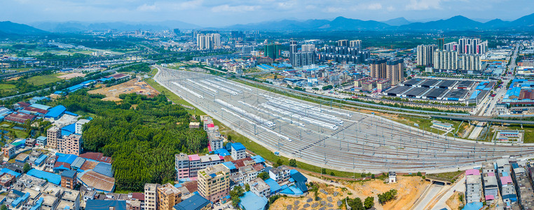 高铁全景全景航拍高铁检修库停泊的动车背景