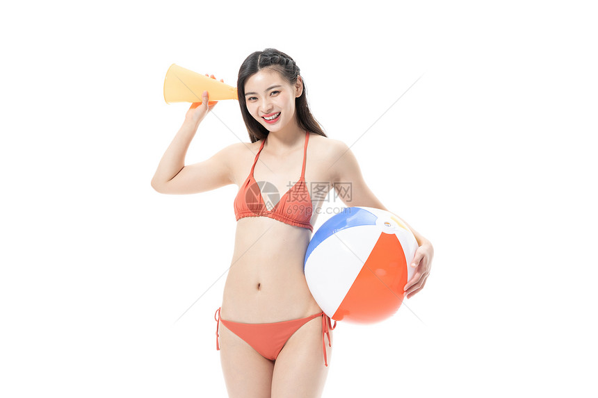 夏日泳装美女玩沙滩排球喇叭图片