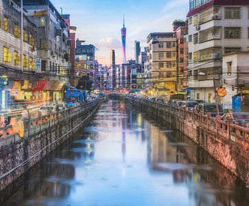 城中村夜景广东广州城中村和cbd风光背景