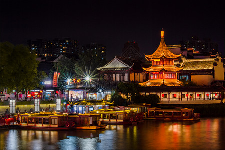 休闲夜景华灯初上的夫子庙泮池背景