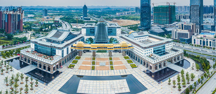 全景航拍城市建筑一院两馆图书馆博物馆大剧院背景图片