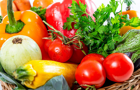 辣椒西红柿夏季新鲜蔬菜和蔬菜特写背景