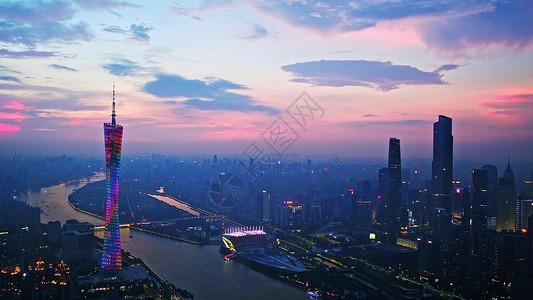 中国广州晚霞下的广州地标背景
