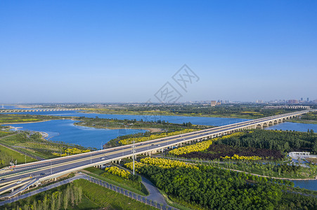 航拍石家庄滹沱河湿地大桥公路背景