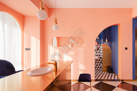 民宿装修效果图室内设计粉蓝撞色风格餐桌背景