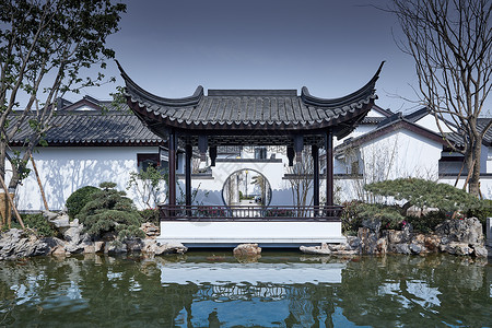 山东中式别墅景观大院凉亭背景图片