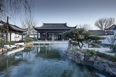 庭院水景山东中式别墅景观水池背景