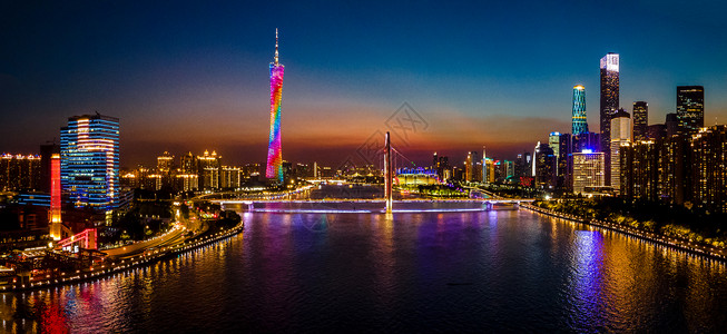 广州猎德大桥航拍全景广州珠江夜景城市建筑背景