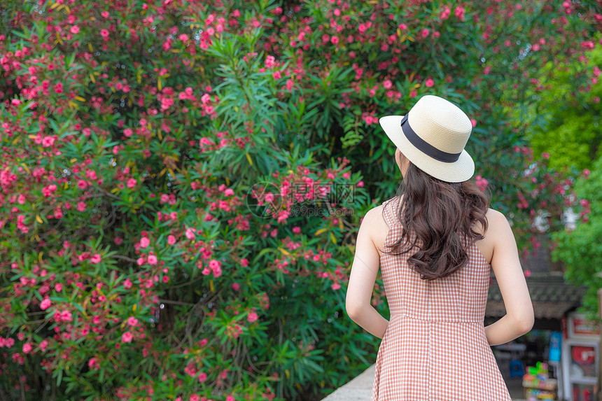 夏季美女旅行逛花园图片