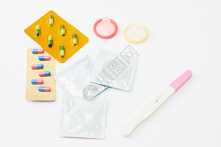 紧急避孕药验孕棒和避孕药背景