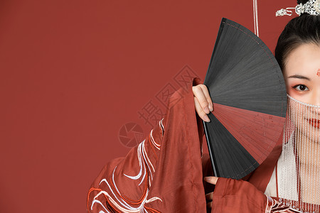拍照布古装中国风古风汉服美女拿扇子遮面背景