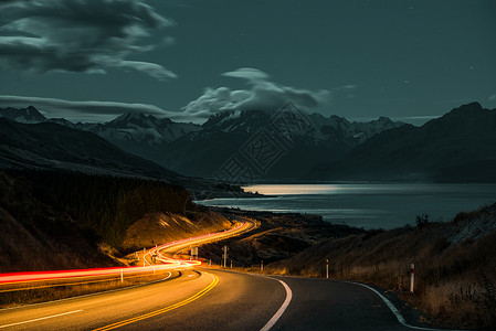 马路灯轨新西兰库克山风景图片背景