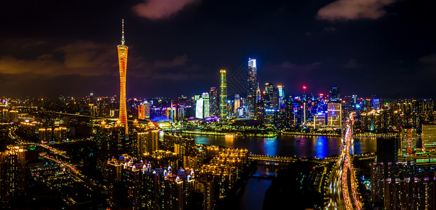 全景航拍广州城市夜景车流猎德大桥背景图片