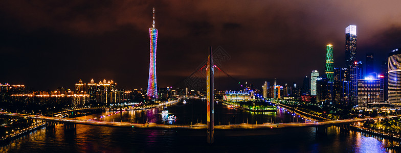 广州猎德大桥全景航拍广州夜景猎德大桥城市建筑灯火背景