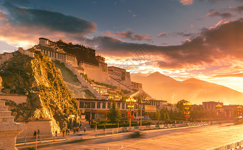 风景广场素材日落金色的布达拉宫风景背景