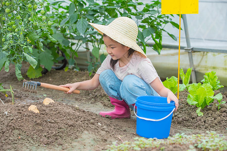 小女孩给种的蔬菜培土背景