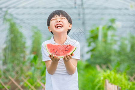 男孩在农场开心吃西瓜图片