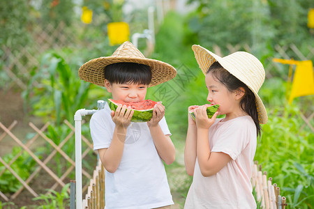 西瓜和女孩男孩和女孩在农场吃西瓜背景