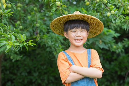 小男孩在果园抱胸微笑高清图片