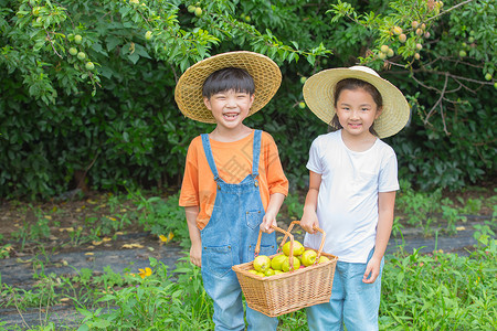 戴帽子的男孩男孩女孩在农场摘满满一篮水果背景