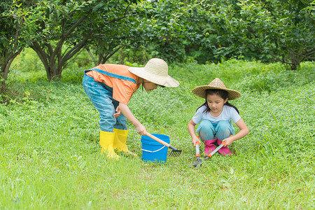 种树男孩男孩女孩开心在草地中种树背景
