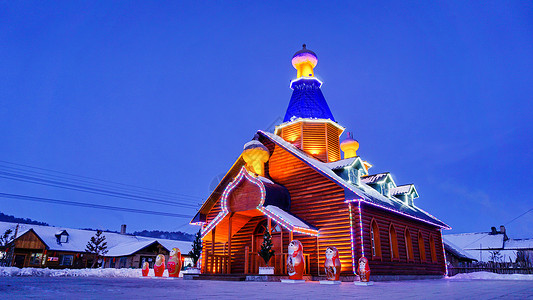 旅游季促销冬天黑龙江省大兴安岭漠河北红村教堂背景
