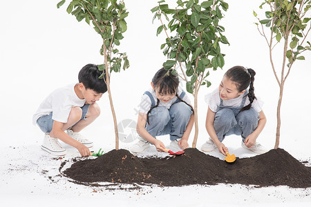 种树的学生儿童一起植树背景