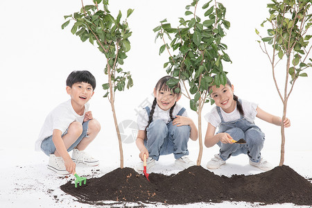 种树男孩女孩儿童一起植树背景